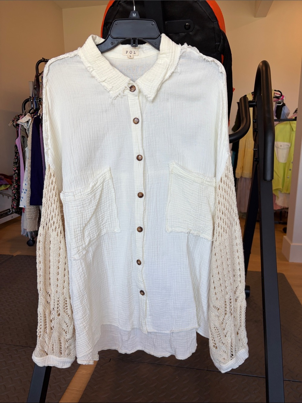 POL Cream Button-Front Shirt with Crochet Sleeves
